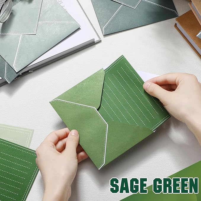 TaoBary 160 Packs Stationery Paper Set (50 Double Sided Stationery Writing Papers 50 Matching Envelopes) 60 Round Dot Sticker, 10 Design (5.5 x 8.25 Inch,Sage Green Color)