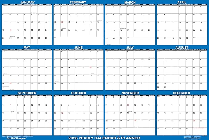 24" x 36" SwiftGlimpse 2026 Wall Calendar Erasable Large Wet & Dry Erase Laminated 12 Month Annual Yearly Wall Planner, Reversible, Horizontal/Vertical, Navy