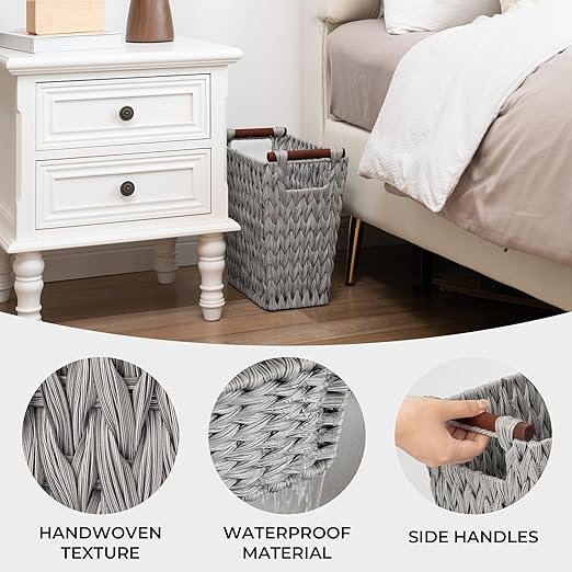 GRANNY SAYS Woven Waste Basket, Gray Wicker Basket with Wood Handles, Wicker Waste Basket for Bathroom Living Room, 1-Pack, 13" x 7 ½" x 12 ½"