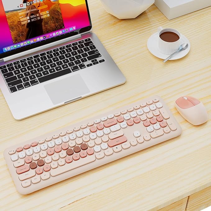 Wireless Keyboard and Mouse Combo, Retro Typewriter Keyboard with Round Keycaps, Full-Size Ergonomic, Brown, Ideal for Windows PC, Home, Office, and College, Wireless Keyboard Mouse Combo