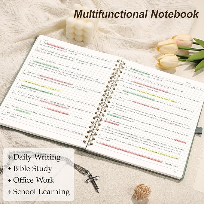 EMSHOI Spiral Notebook A4, 8.5"x11" Hardcover Leather Lined Journal with 110 Pages, 100GSM Thick Paper, Contents & Page Numbers, Flower Design - for Work, School, Journaling, Writing-Light Green