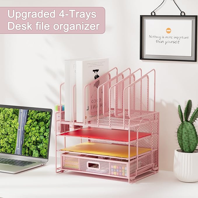 Marbrasse Desk Organizers, 4-Tier Mesh Desk File Organizer with 5 Vertical File Holders and 2 Pen Holders, Multifunction Desktop Organizer,Desk Organizers and Accessories for Home Office (Pink)
