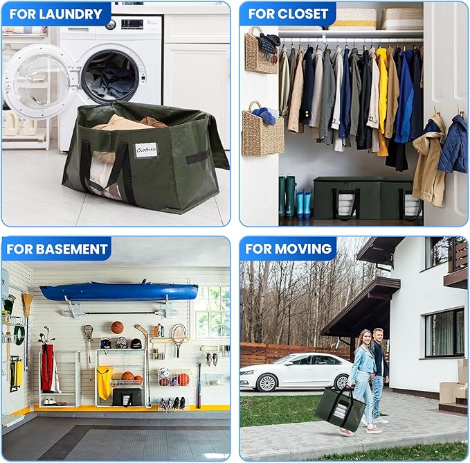 TAILI 10 Pack Green Extra Large Storage Bags, Heavy Duty Totes with Visible Window, Wrap Around Handles, Perfect for Moving