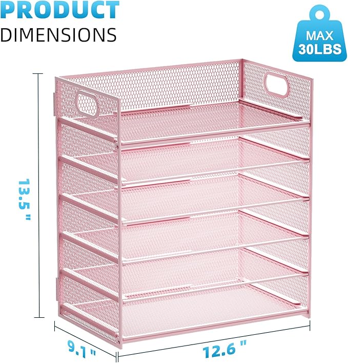 Marbrasse 6 Tier Paper Organizer Letter Tray - Mesh Desk File Organizer with Handle, Paper Sorter for Letter/A4 Office File Folder Holder -Pink