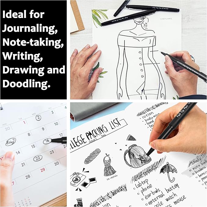 Lelix Felt Tip Pens, 15 Black Pack, 0.7mm Medium Point, Felt Tip Markers Pens for Journaling, Writing, Note Taking, Planner, Perfect for School Office and Art Supplies