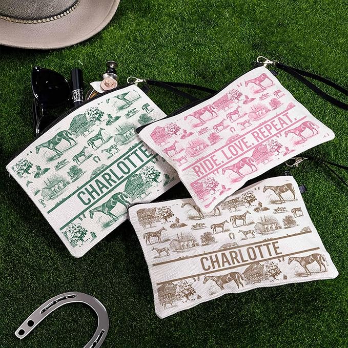Custom Small Cosmetic Pouch Equestrian Personalized Makeup Bag for Purse with Text and Wrist Strap Essentials Christmas Birthday Horse Gifts for Girls Women