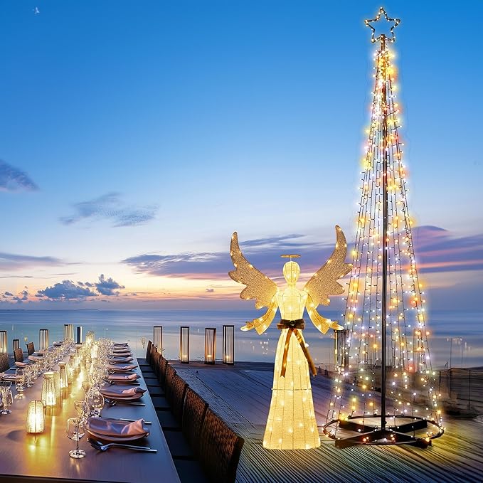 Yescom Vast-Starry 12ft Giant-Sized LED Cone Tree Christmas Light with Star 1120 Solar Lighting 8 Model Outdoor Yard Shopping Mall Cafe Restaurant Store Bar Deck Event Holiday Decoration Multi-Color