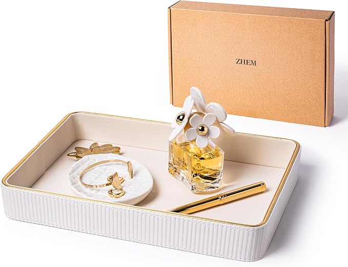 2 Pack White Catch All Trays for Jewelry| Small Leather Valet Tray| Key Bowl for Entryway Table EDC Trinket Tray Catch All| Perfume Trays for Dresser Organizer Perfume Holder (Set of 2)