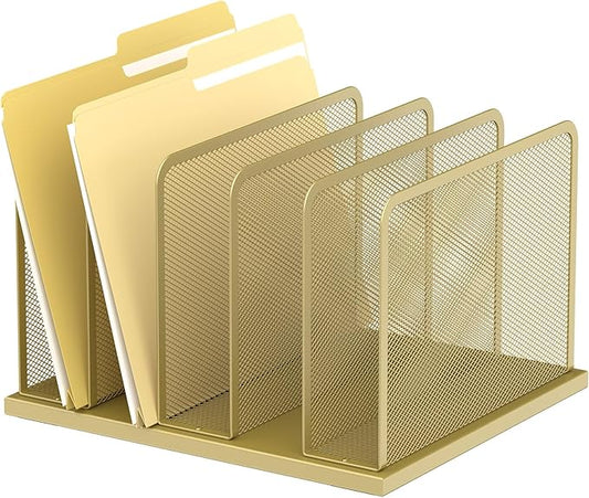 Kuntine.B Desk File Organizer Upright Mesh Desktop Organizer File Sorter Office Organization File Holder for Home, Office & Classroom (Gold, 1 Pack 5-Section)