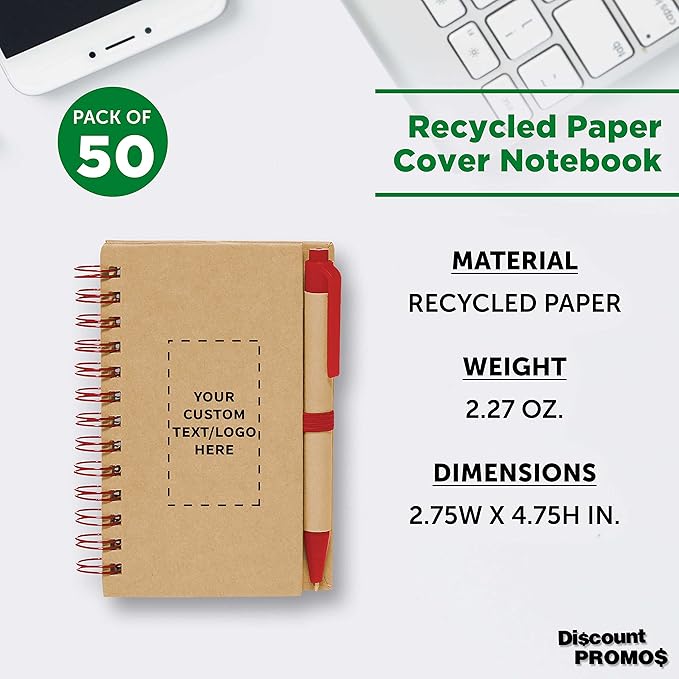 Custom Mini Spiral Notebooks with Black Ink Pens Set of 50, Personalized Bulk Pack - Perfect for School, Office, Business, Home - Red