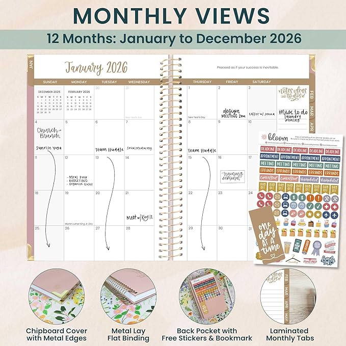 bloom daily planners HARDCOVER 2026 Planner (January to December) - A5 Task Goal Organizer - Monthly & Weekly Inspirational Agenda Book - 5.5" x 8.25" - Linen, Pink