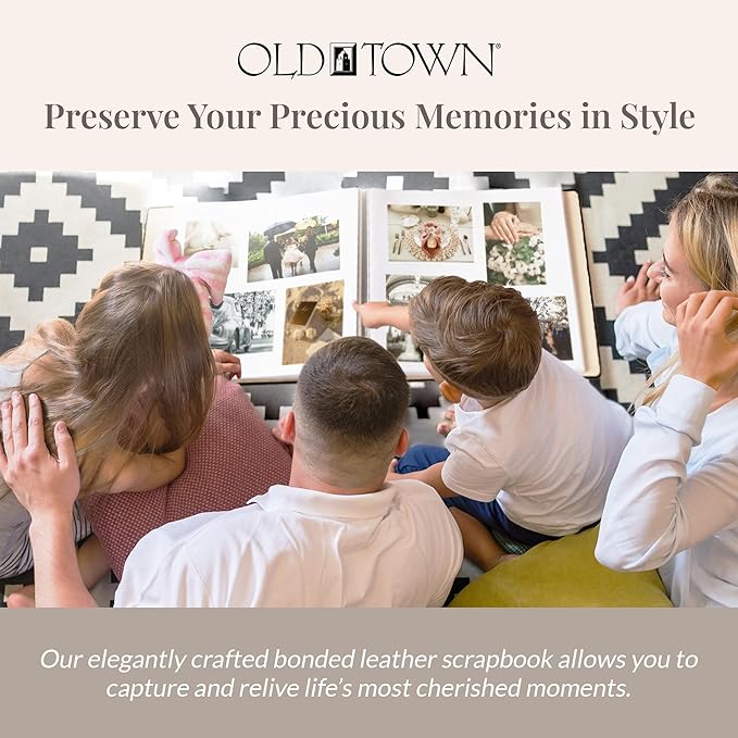 Old Town Bonded Leather Photo Album, Large Leather Scrapbook, Expandable Scrapbook Album 12x12 Double-Sided White Paper Pages and Optically Clear Pockets, Faux Suede Lining, Navy