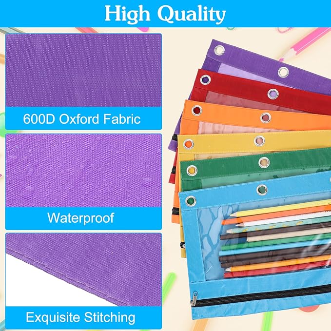 24 Pack Pencil Pouch for 3-Rings Binder, 3-Holes Zipper Pencil Pouches in Assorted Colors, Sturdy and Resuable Cloth Holder with Clear Window for Office Supplies