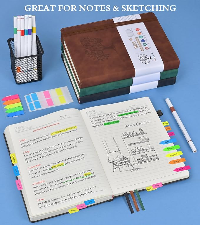 A5 Lined Journal Notebook - 365 Page Leather Journals for Writing Women & Men，Hardcover Notebook with 100Gsm Thick Pages，Daily Diary for Travel, Work，School，Note Taking，College Ruled (5.9" x 8.5")