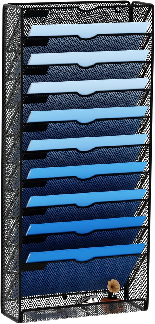 Hanging Wall File Organizer 10 Tier Wall Mounted File Holder Document Wall Organizer Magazine Organization for Office Home, Black