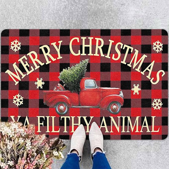 InterestPrint Merry Christmas Buffalo Plaid Truck Doormat, Red Plaid Door Mats with Non-Slip Backing Welcome Matt Outdoor Non Slip Rubber Entry Doormat Entrance Mat, 16" x 24" Inch