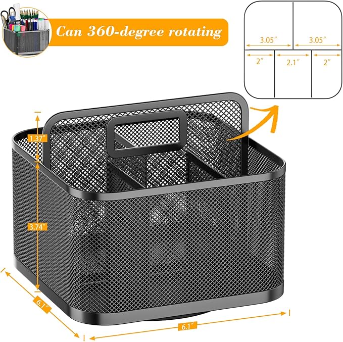 LUCYCAZ 360 Rotating Metal Pencil Pen Holder for Desk, Rotating Pencil Cup with 5 Slots, Dual-Purpose Desk Pen Organizer for Office, School, Home, Square