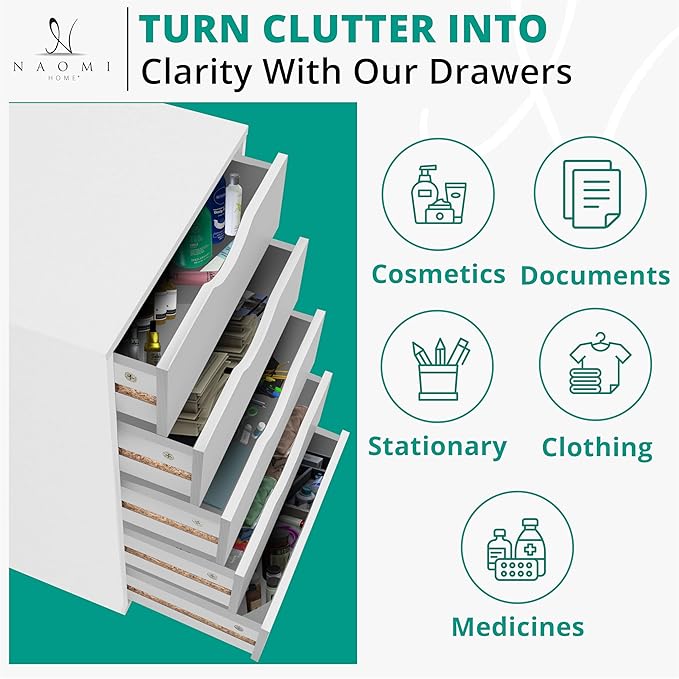 Naomi Home Office File Cabinets Wooden File Cabinets for Home Office Lateral Cabinet Wood Cabinet Mobile Mobile Storage Filing Storage Drawer White 5 Drawer