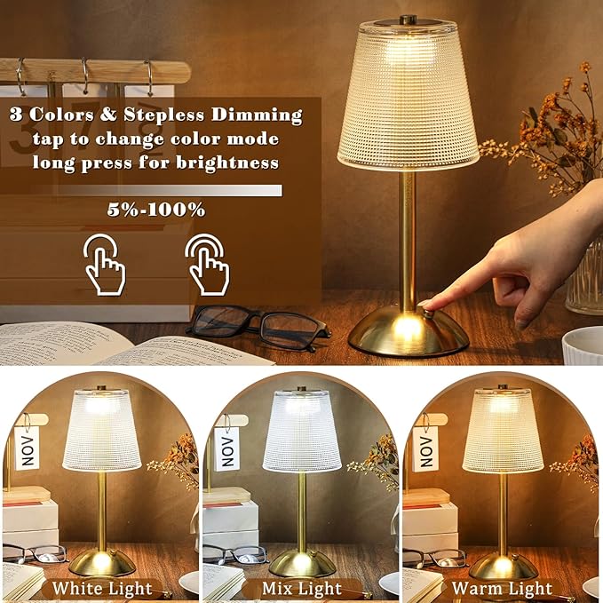 Liliful 2 Pcs LED Portable Cordless Table Lamp Touch Battery Operated Rechargeable Gold Desk Lamp 3 Color Dimmable for Bedroom Living Room Dining (Gold,Retro Style)