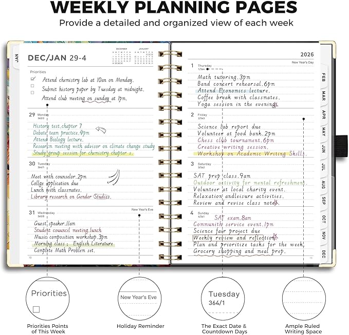 AHGXG 2026 Planner, Weekly and Monthly Planner for Women, Jan 2026 - Dec 2026, Medium Size (5.7" x 8.3"), Calendar 2026, Hardcover with Monthly Tabs, Spiral-Bound, 100 GSM Thick Paper, Colourful Tree