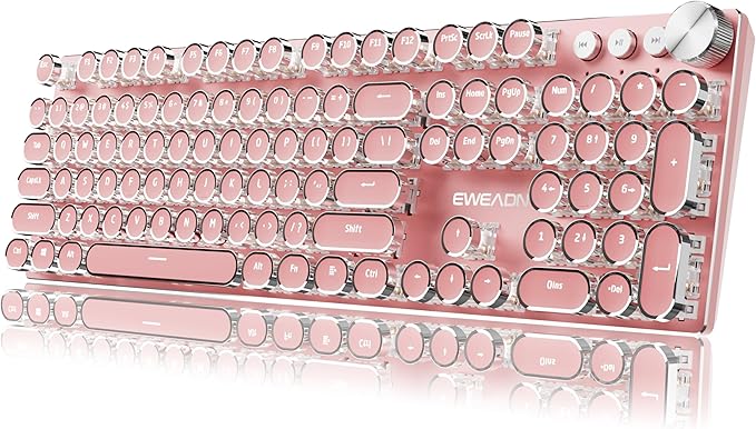 EWEADN Typewriter Style Mechanical Gaming Keyboard, Wired Mechanical Keyboards,104 Keys Backlit LED Keyboards, Media Control Knob, Wired Computer Keyboard White Switch for Windows/Mac/PC-Dark Pink