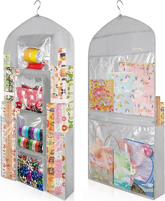 Hanging Gift Wrapping Paper Storage, 48x24 (Extra Large) Grey Double-Sided Christmas Wrapper Bag Container, Oxford Long Craft Roll Organizer, Present Wrap Holder for Closet, Door