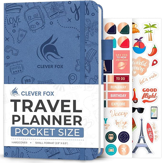 Clever Fox Travel Journal Pocket – Vacation & Road Trip Itinerary Planner Organizer & Traveling Memory Diary – Small Traveler Notebook (Smoke Blue)