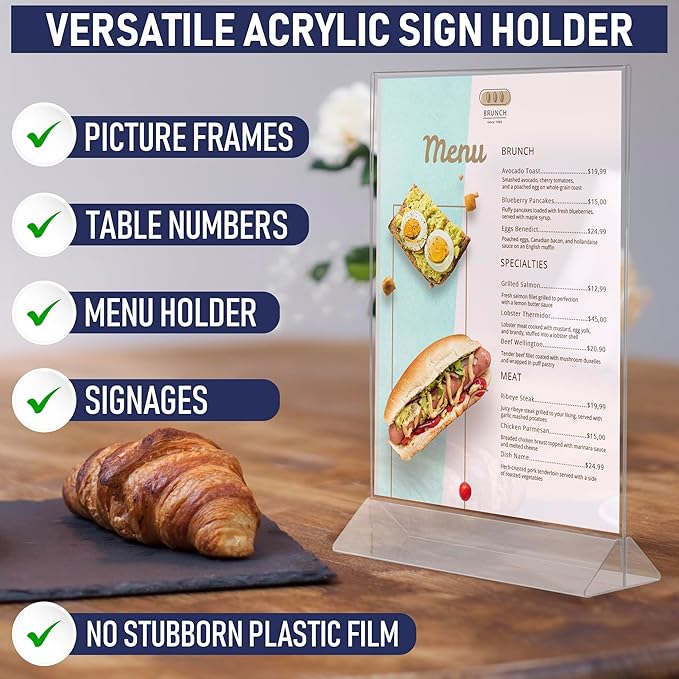 Acrylic Sign Holder 8.5 x 11, T-Shape Menu Holder with Bottom-Loading Design, Plastic Stands for Brochures, Flyers, Menus, and Displays. Double-Sided Display Stand for Tabletop Signs and More (6 Pack)