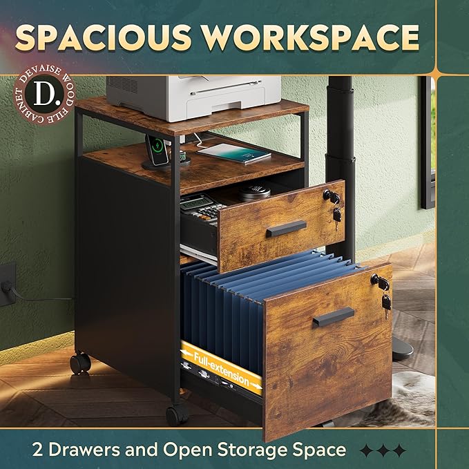 DEVAISE 2 Drawer File Cabinet with Lock and Charging Station, Wood Filing Cabinet fits A4 or Letter Size, Mobile Printer Stand with Open Storage Shelf for Home Office, Rustic Brown