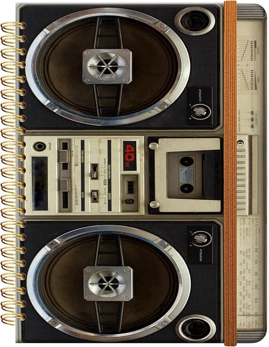 Ruled Spiral Writing Notebook,A5 Hardcover Lined College Journal for Women Lady,Fashion Puppy Watercolor Strong Twin-Wire Binding with Premium Paper,8.4" X 6",Perfect for School,Office,Home Gifts(Tape Recorder Vintage)