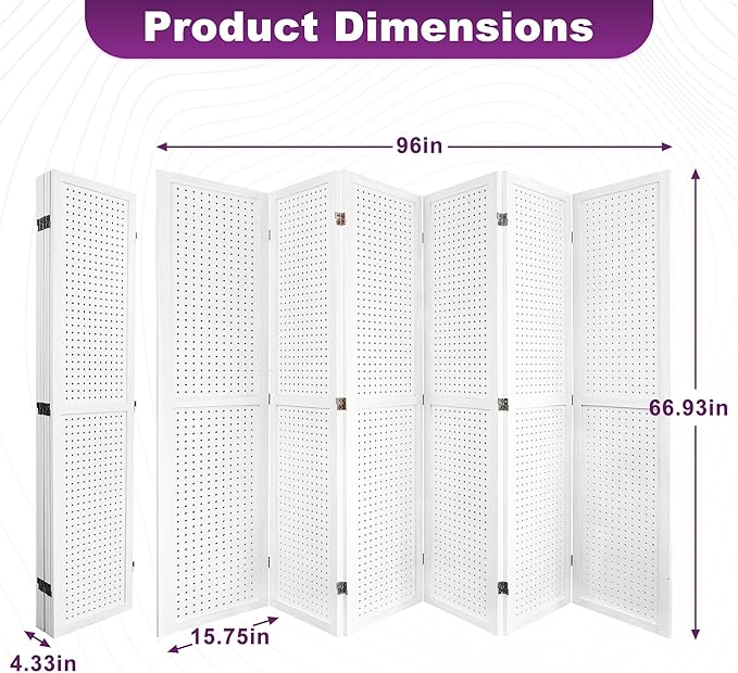 Room Divider, 5.6FT Folding Room Divider Panel, 6 Panel Pegboard Display Wood Partition Wall Divider for Room Separation& Craft Shows, White
