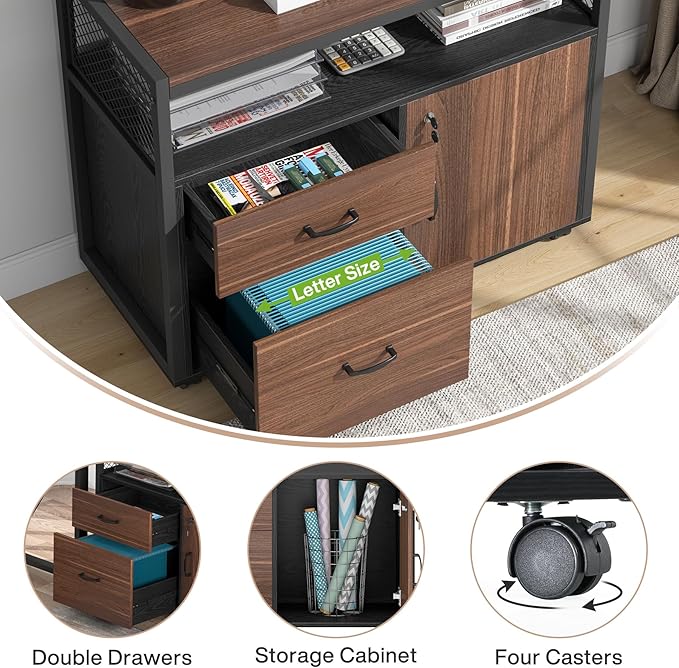 Tribesigns L Shaped Desk with Drawer Cabinet, 63" Executive Computer Desk and lateral File Cabinet, 2 Piece Home Office Furniture with Drawers for Hanging, Doors with Locks (Dark Brown, 63 inches)