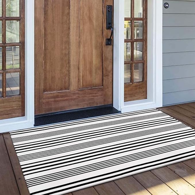 OJIA Black and White Outdoor Rug 2'x4.3', Christmas Door Mats Outdoor Cotton Woven Holiday Doormat Front Porch Rug Machine Washable Indoor Door Mat Entryway Striped Rugs for Farmhouse/Kitchen