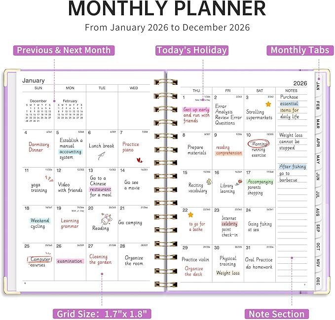 2026 Planner, Weekly and Monthly, A5 Size (5.7" x 8.3"), Jan 2026 - Dec 2026, Calendar, To-do List, Agenda, 12-Month Tabs, Hardcover, 100 GSM Thick Paper, Spiral-bound (Purple)
