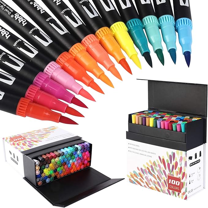 hhhouu 100 Colors Fine Tip Markers Dual Tip Brush Pens Art Markers Set for Adult Coloring Drawing Bullet Journals Planners Hand Lettering Calligraphy HO-100B