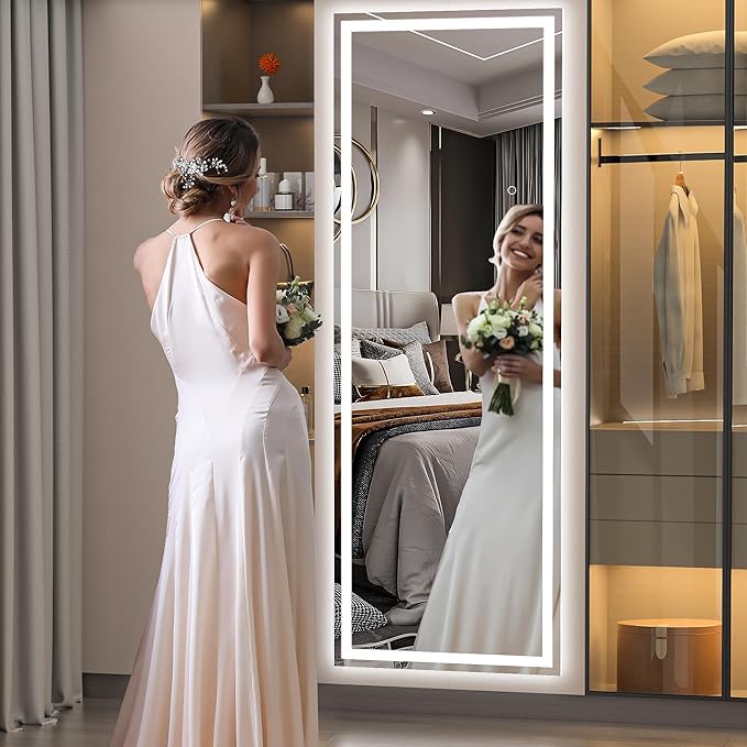 Hasipu Full Length Mirror with Lights, 65" x 20" LED Floor Mirror, Full Body Dressing Standing, Hanging Mounted Mirror for Living Room Bedroom Cloakroom, Square White
