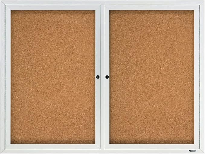Quartet Cork Bulletin Board, 2 Glass Doors, Enclosed, 4' x 3', Outdoor Message Board, Aluminum Frame (2124)