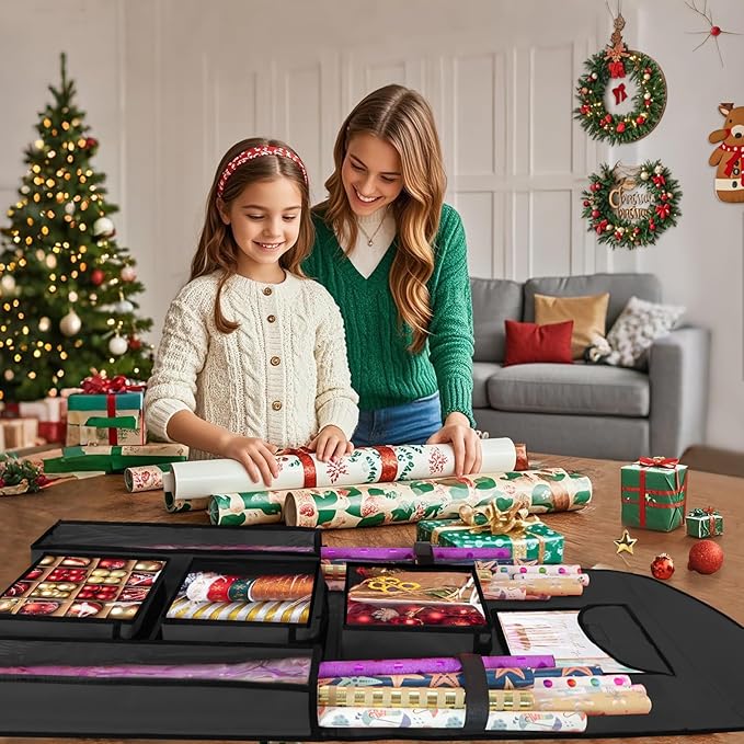 Hanging Gift Wrapping Paper Storage, 40"X17" Black Double-Sided Christmas Wrapper Bag Container, Oxford Craft Roll Organizer, Present Wrap Holder for Bedroom Closet, Door, Cabinet