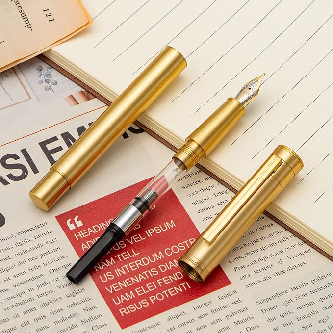 Hongdian 1861 Brass Fountain Pen Long Blade Nib, Classic Design Smooth Writing Pen with Converter and Metal Pen Case Set