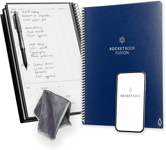 Rocketbook Fusion Hybrid Reusable Planner and Notebook in One, Additional Blank Pages, Goal and Project Tracker, Undated Planner, Letter Size 8.5x11, Blue (Pack of 1)