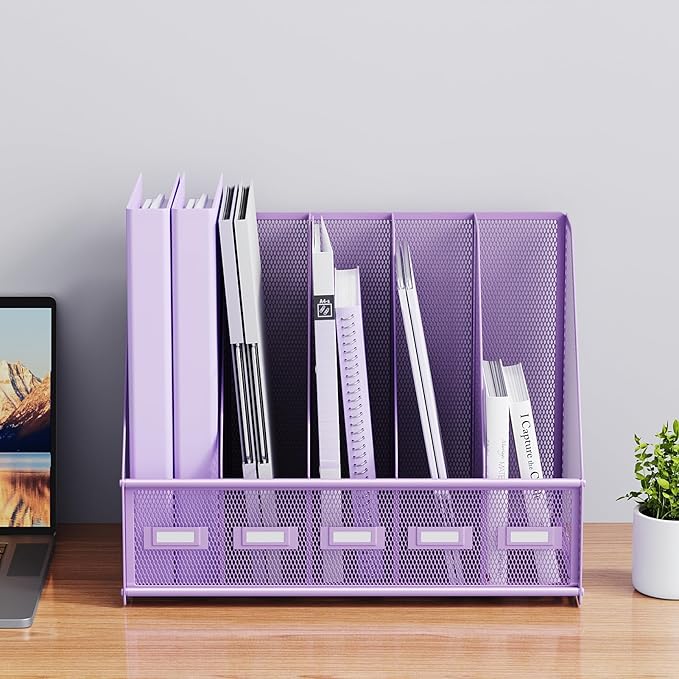 Marbrasse Desk File Organizer with 5 Vertical Compartments Mesh Magazine File Holder for Office, Home, School