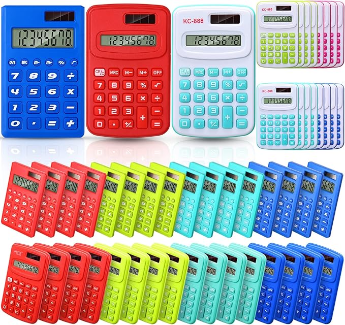 Yunsailing 48 Pcs Pocket Calculators Bulk Mini 8 Digit Handheld Calculator Small Basic Standard Calculator for Students Kids Teachers School Desktop Home Office, 3 Designs