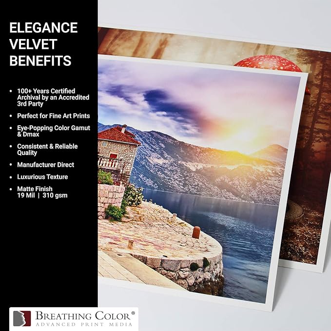 Elegance Velvet 17 in x 25 in, 25 Sheets is a Premium Matte 310 gsm, Cold Pressed Bright White Museum Grade Fine Art Inkjet Paper, Compatible with Most Dye-Based and Pigment Printers