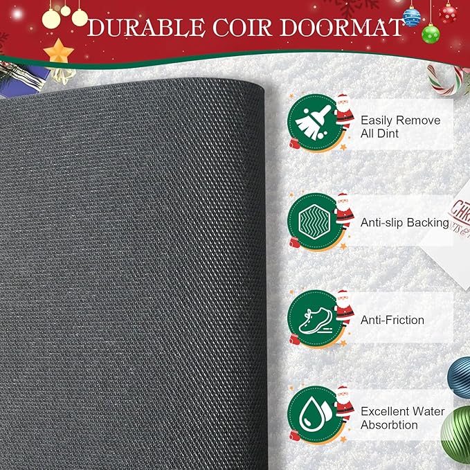 2 Pcs Christmas Welcome Doormats 30 x 17 Inch Winter Snowflakes Coir Door Mats for Front Doors Nonslip 2-in-1 Seasonal Buffalo Plaid Rug for Christmas Holiday Outside Entrance Porch Home Decor