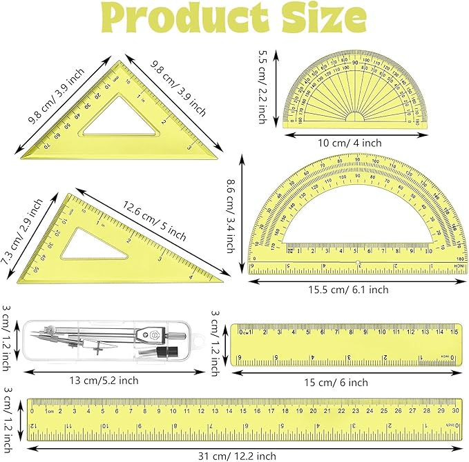 Zonon 1 Set Plastic Geometry Math Set Includes Drawing Compass, 6 Inch 4 Inch Protractor, 45/60 Degree Triangle Rulers 12 Inch 6 Inch Math Ruler Transparent for Office Supplies(Yellow)