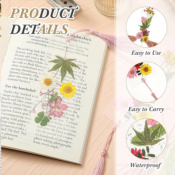 150 Pcs DIY Pressed Dried Flower Bookmark Making Kit, DIY Bookmark Bulk Thanksgiving Teacher Gifts for Reading Women Book Lovers(2 x 6 Inch,Pink)
