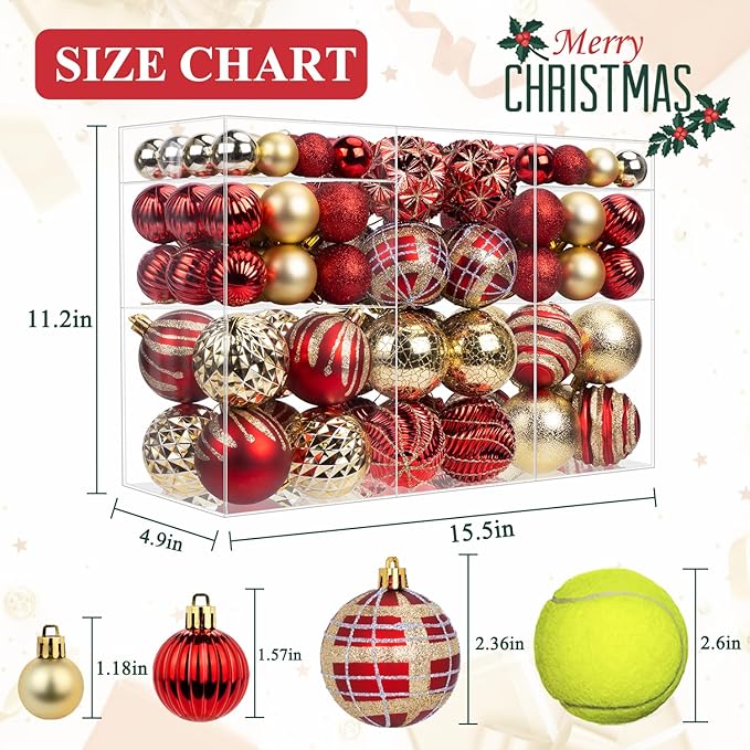 100ct Christmas Ball Ornaments Set, Red and Gold Shatterproof Hand-Painted Hanging Baubles Decoration Bulk for Xmas Tree, Wreath, Garland, Home Holiday Decor