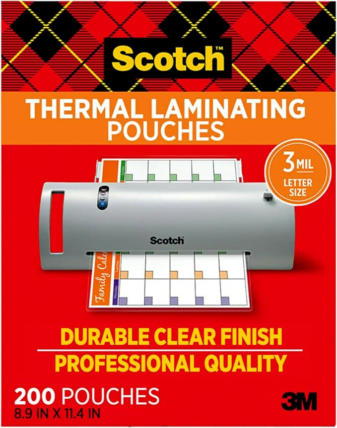 Scotch Thermal Laminating Pouches, 200 Count, Clear, 3 mil., Ideal Office or School Supplies, Fits Letter Sized Paper (8.9 in. × 11.4 in.)