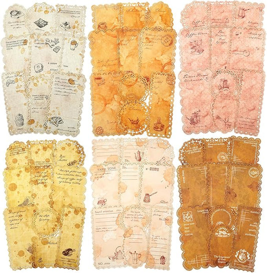 Coffee-Themed Lace Paper Set, 60 PCS Retro Lightweight Journaling Paper for Scrapbooking, DIY Crafts, Card Making, and Planners