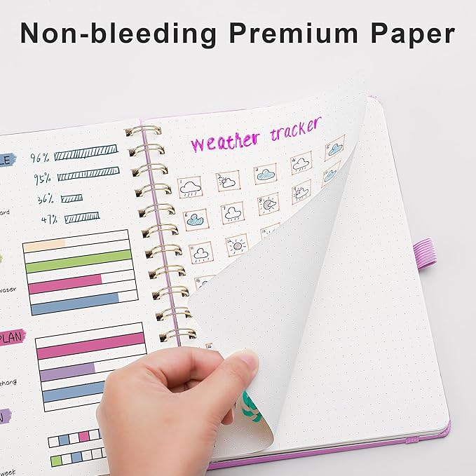 RETTACY Bullet Dotted Journal Notebook, 140 Pages, A5 Medium Size (5.7'' x 8.3''), Hardcover, 100 GSM Thick Paper, for Bullet Journaling, Planning, Tracking (Lilac)